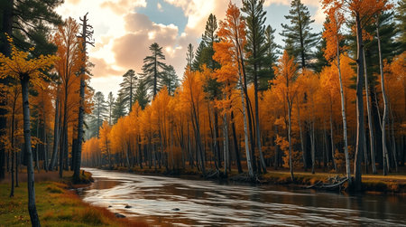 Beautiful autumn landscape with mountain river and colorful forest at sunset.