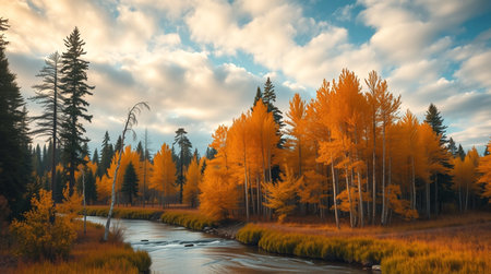 Autumn landscape with mountain river and yellow trees in the forest.の写真素材