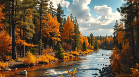 Beautiful autumn landscape with mountain river and forest. 3d renderingの写真素材