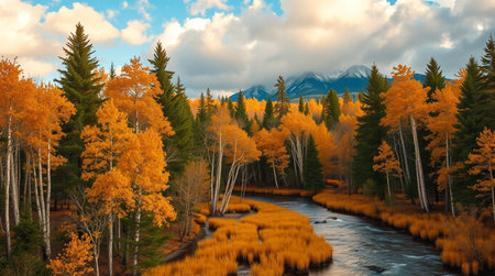 Autumn landscape with river and colorful forest. Panoramic view