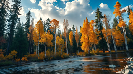 Colorful autumn landscape with yellow aspens by the mountain river