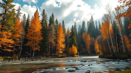 Autumn landscape with a mountain river and colorful larch trees.の写真素材