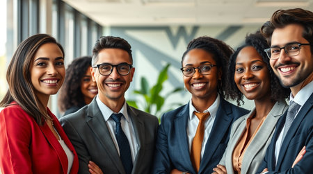 Portrait of happy smiling business team standing in office. Multiethnic group of business people.の写真素材