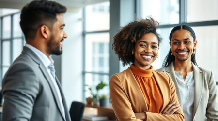business, people and teamwork concept - smiling african american businesswoman with team in officeの写真素材