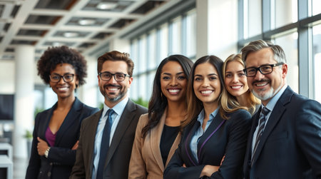 Portrait of confident business people standing in office. Multiethnic group of business people standing together and smiling.の写真素材