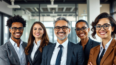 Portrait of smiling business team standing in office. Diverse group of people in formalwear looking at camera. Business conceptの写真素材