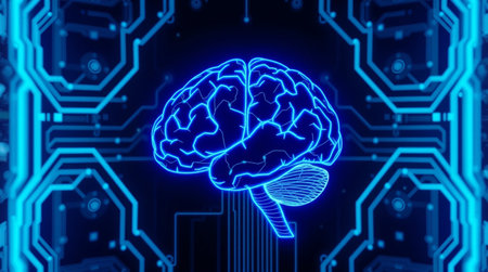 3d rendering of human brain in blue neon light on circuit board background