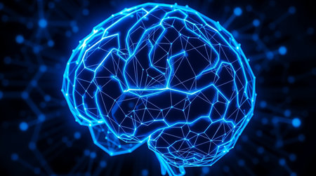 3D rendering of blue glowing human brain on blue background. Artificial intelligence concept