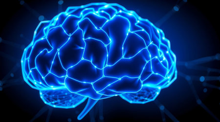 Human brain. 3D illustration of human brain with glowing blue light