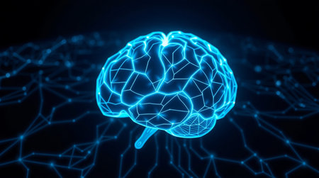 3d rendering of a human brain on a blue background with connections