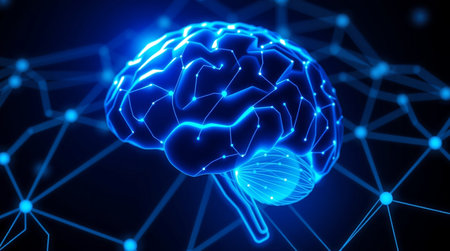 3d rendering of human brain with connections on dark blue background. Artificial intelligence...