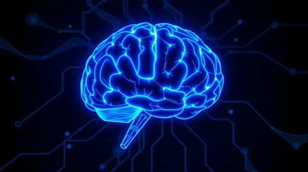 3D rendering of human brain and circuit board on dark blue background