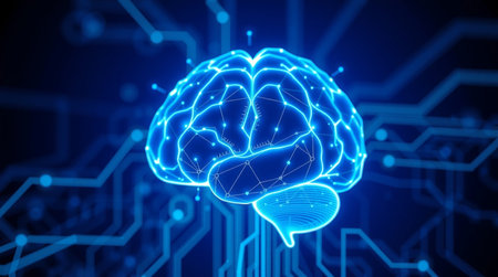 3d rendering of human brain on circuit board background. Artificial intelligence concept