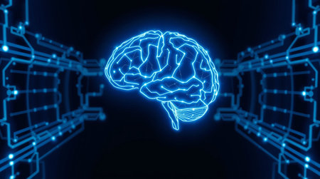 3d rendering of human brain with circuit board background. Artificial intelligence concept