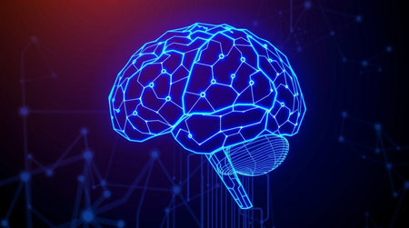 Creative glowing human brain on blue background. Artificial intelligence concept. 3D Rendering
