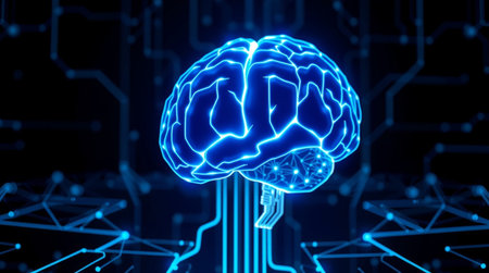 3d rendering of human brain on circuit board background. Artificial intelligence concept