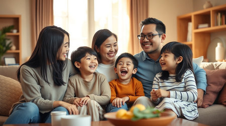 Happy asian family sitting on sofa at home. Smiling parents and children looking at camera.の写真素材