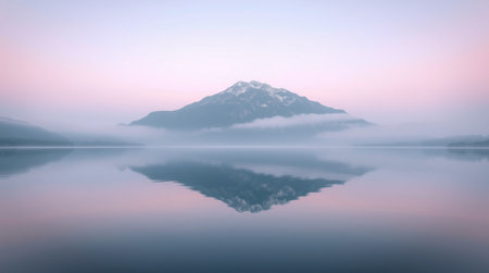 Mountain reflected in the calm lake at sunrise. Long exposure.の写真素材