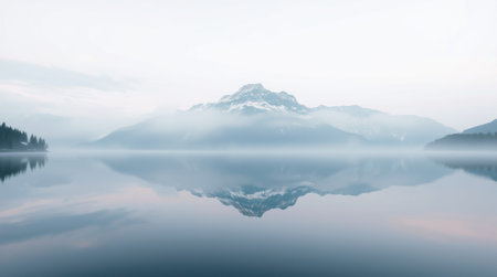 Mountains reflected in the calm water of a lake in the morningの写真素材