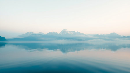 Beautiful landscape with mountains reflected in calm lake water at sunrise.の写真素材