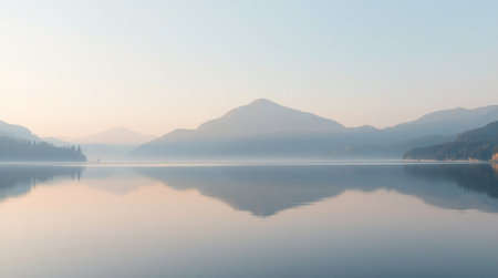 Panoramic view of Lake Bled at sunrise, Slovenia.の写真素材