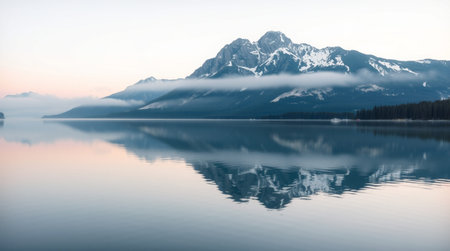 Mountains reflected in the calm waters of Lake Louise, Banff National Park, Canadaの写真素材