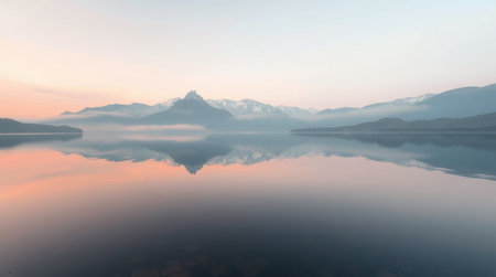 Reflection of mountains in the lake at dawn. Beautiful landscape.の写真素材
