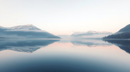 Mountains reflected in the calm waters of Lake Wakatipuの写真素材