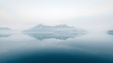 Mountains reflected in the calm water of Lake Wakatipuの写真素材