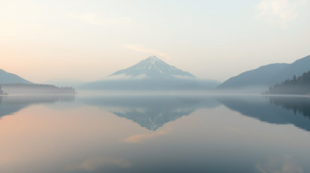 Mount Fuji reflected in Lake Kawaguchiko, Yamanashi, Japanの写真素材