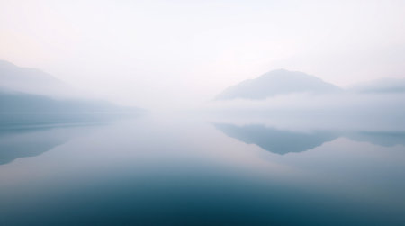 Reflection of mountains and sky in the lake with fog, Thailand.の写真素材