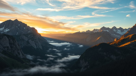 Panorama of the mountain range in the clouds at sunset, Switzerlandの写真素材
