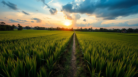Rice field at sunset in countryside of Thailand. Beautiful nature landscape.の写真素材