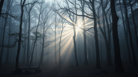 Foggy forest with bench and sunbeams in the backgroundの写真素材