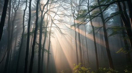 Mysterious forest with fog and sunbeams in the morning