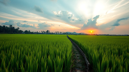 Rice field at sunset in Bali, Indonesia. The rice fields are beautiful.