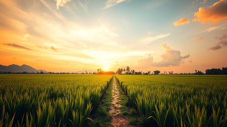 Rice field in sunset time. Landscape of rice field.