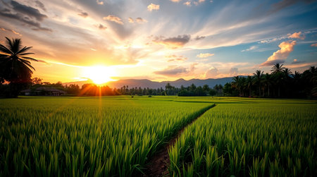 Rice field in the morning with sun light and mountain background.