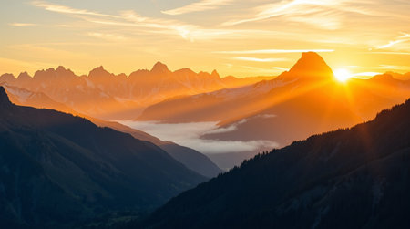Sunset in the mountains of the Swiss Alps. Panoramic view.