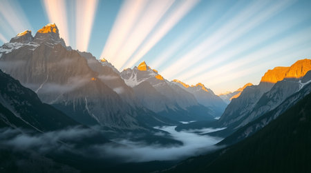 Panorama of the mountains in the clouds. Sunrise in the mountains