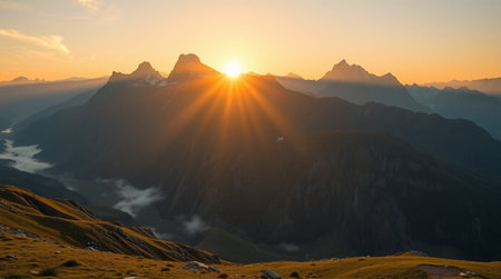 Sunset in the mountains of the Swiss Alps. View from the top of the mountain.