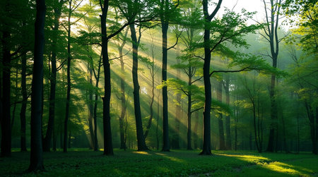 Morning in the forest. Sun rays through the tree trunks.