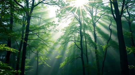 Morning in the forest with sunbeams and lens flare effect.