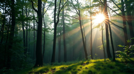 Morning in the green forest with sunbeams shining through the treesの写真素材