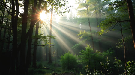 Morning in the forest. The sun's rays pass through the trees