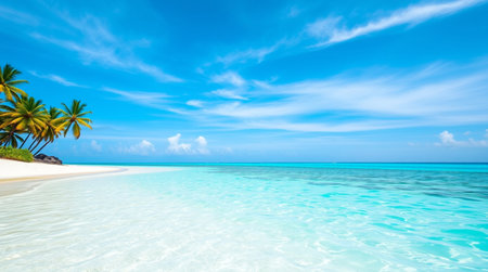 tropical beach in Maldives with few palm trees and blue lagoonの写真素材