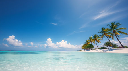 tropical beach with few palm trees and blue lagoon