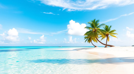 tropical beach with few palm trees and blue lagoonの写真素材