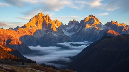 Panoramic view of the snow-capped peaks of the Dolomites, Italy