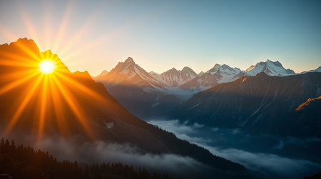 Mountain landscape at sunrise. Himalayas, Nepal. Panorama